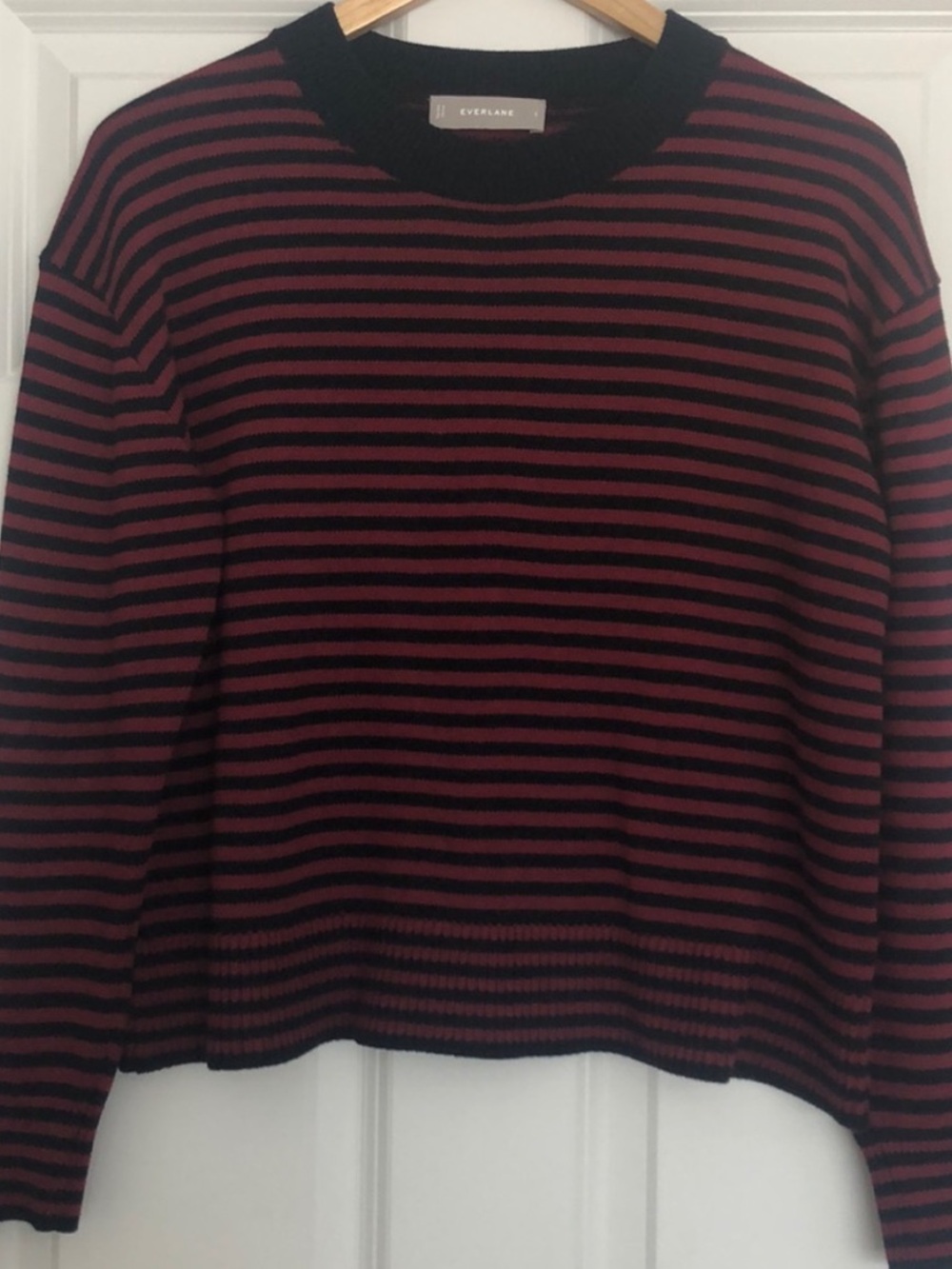 Everlane black burgundy casual lightweight striped crewneck long sleeve sweater